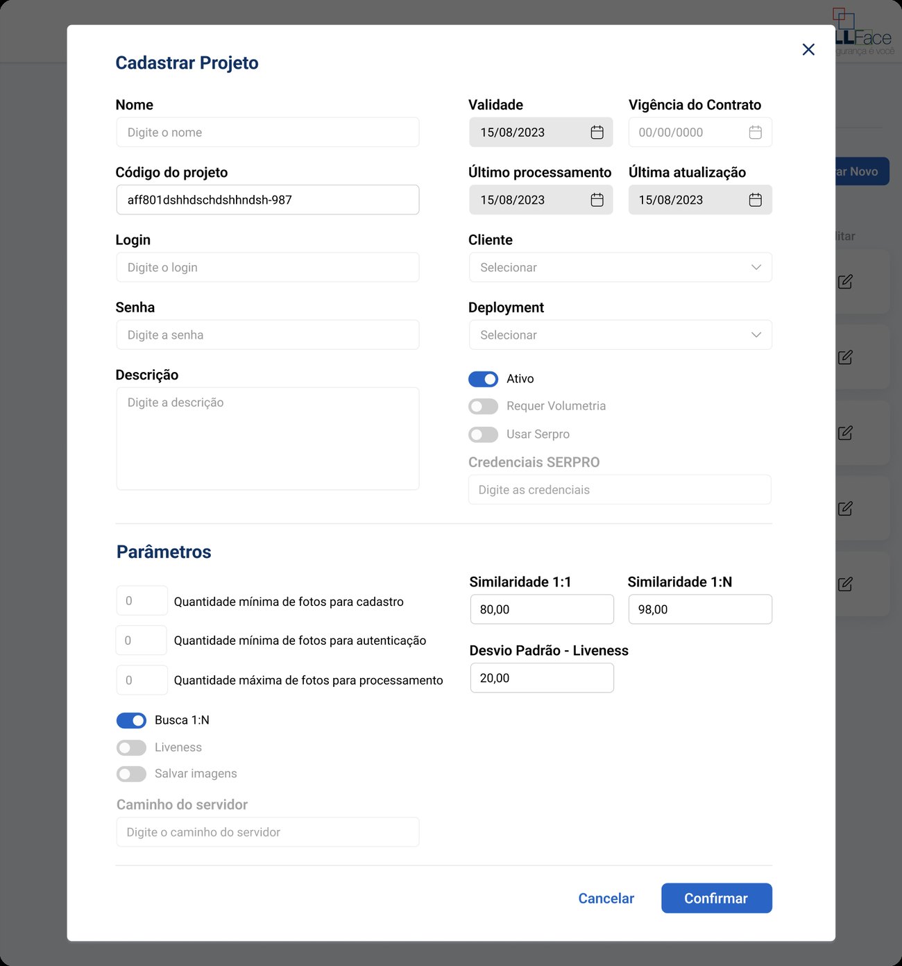 Cadastro de projeto e parâmetros de biometria