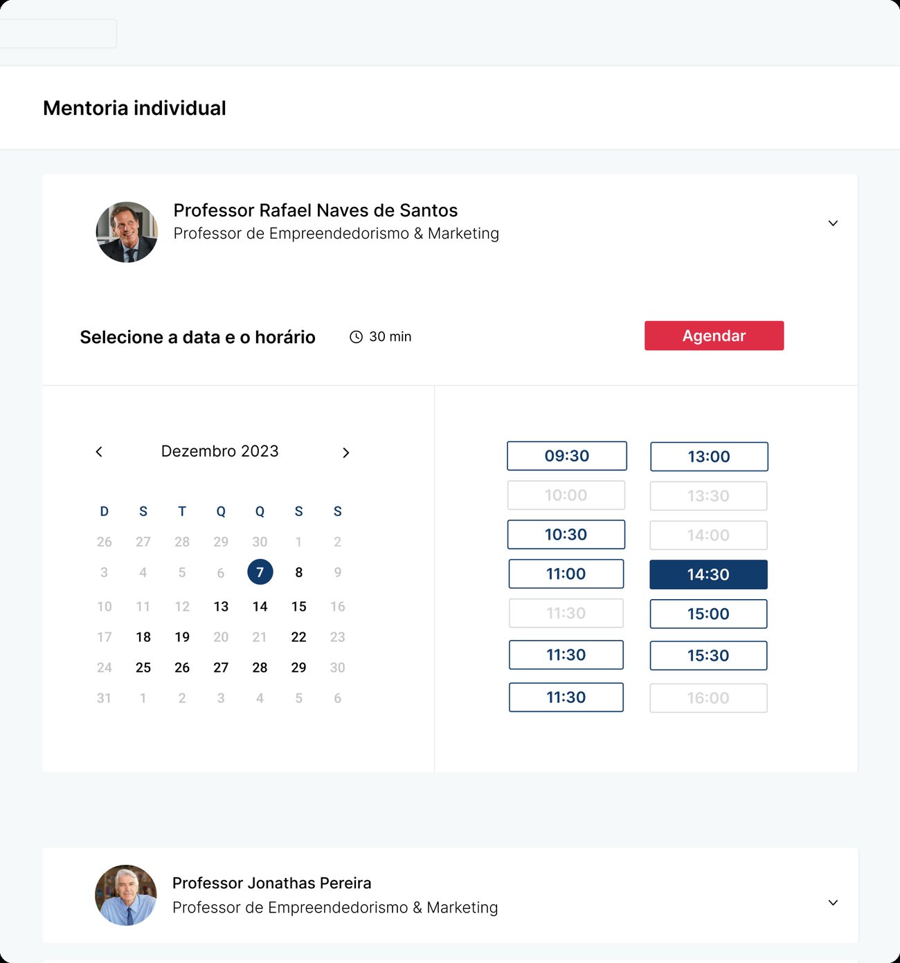 Agendamento de mentoria individual com calendário e horários