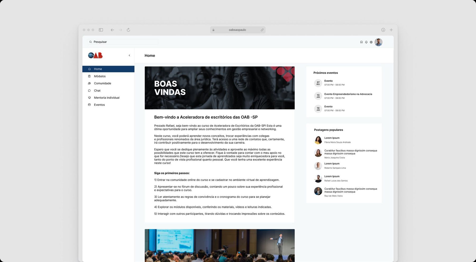 Home da plataforma com boas-vindas, próximos eventos e postagens populares