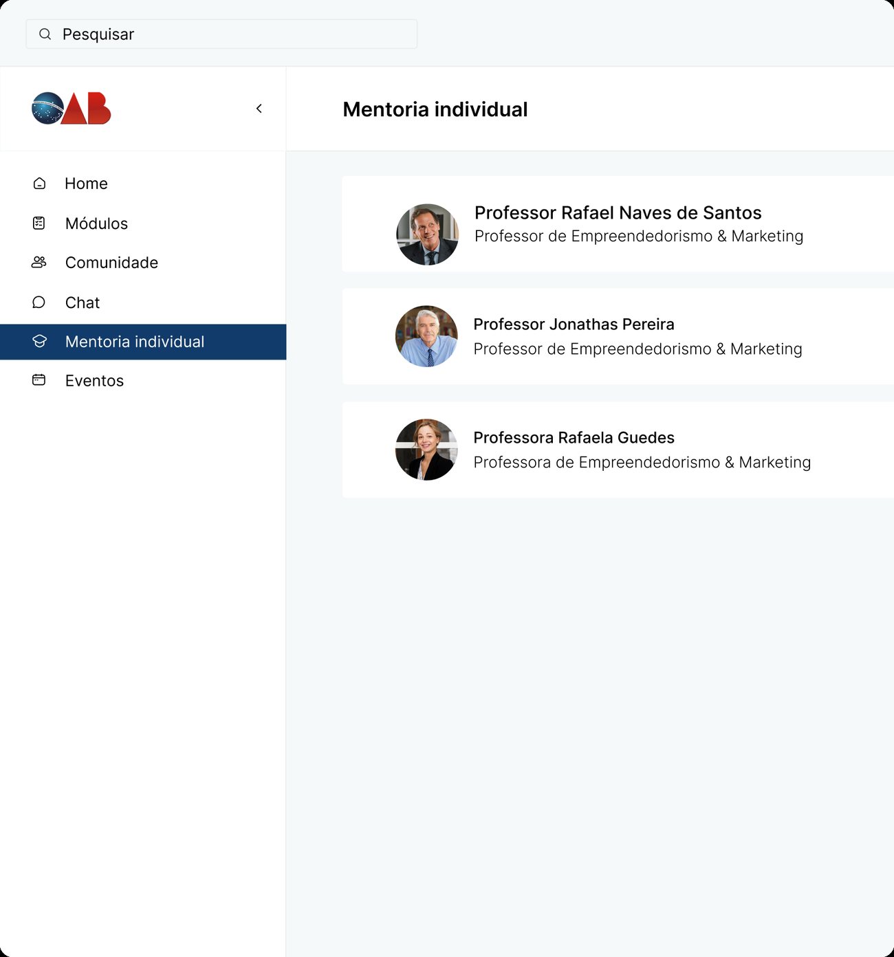 Lista de mentores disponíveis