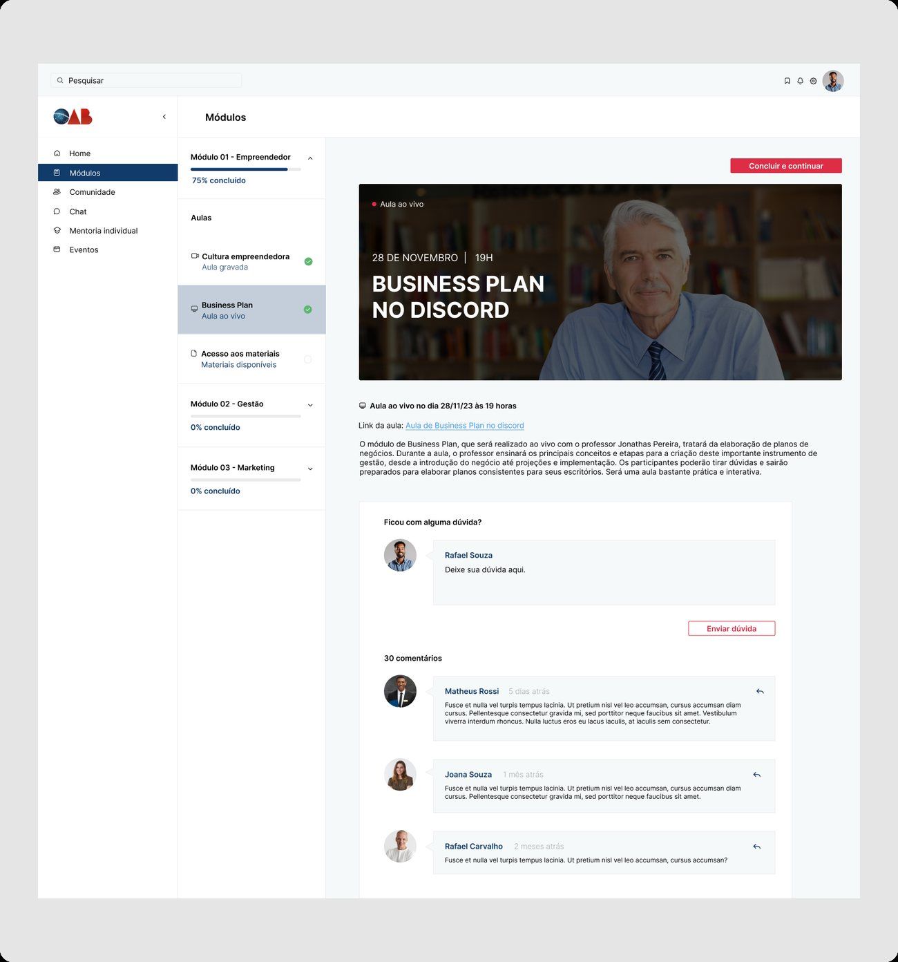 Aula ao vivo com data, link e espaço para dúvidas