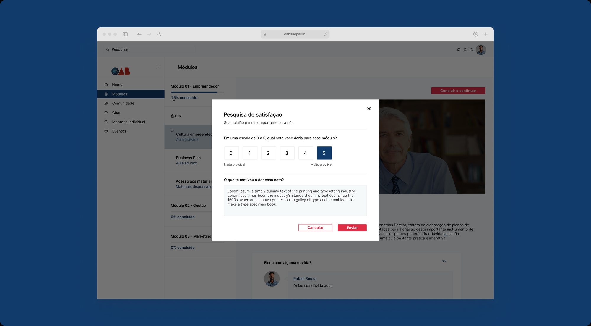 Modal de pesquisa de satisfação ao concluir um módulo