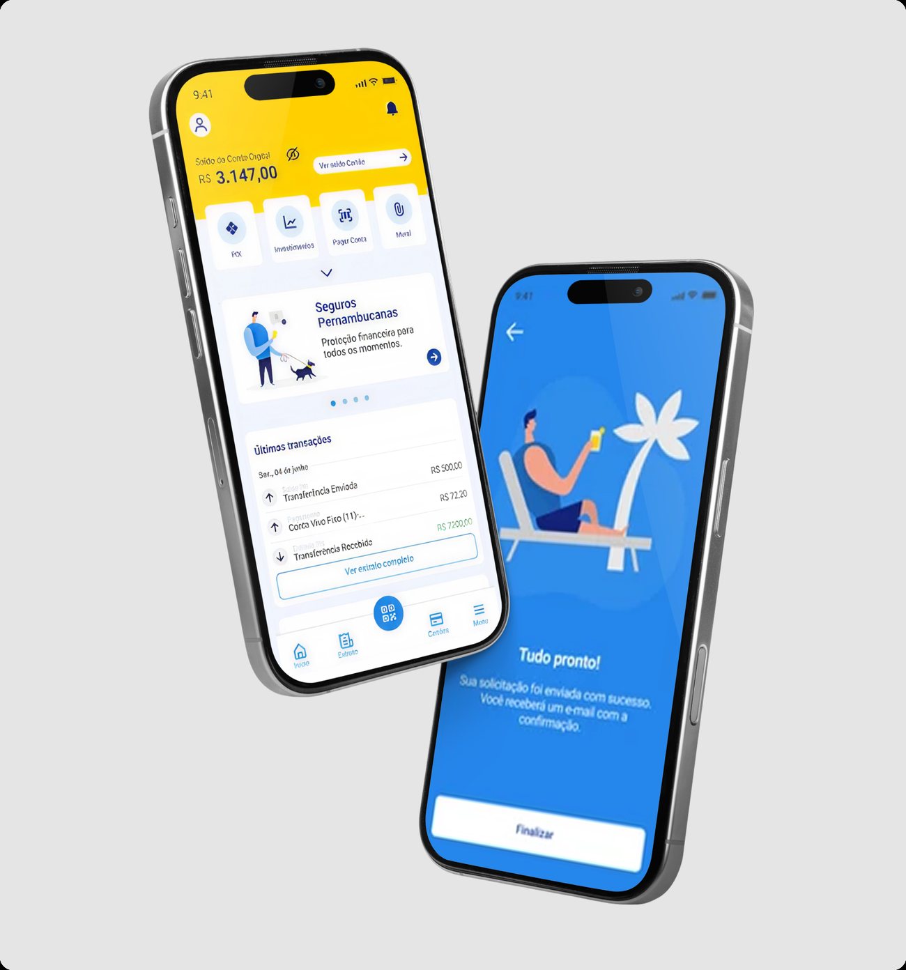 Nova Home do app e tela de confirmação